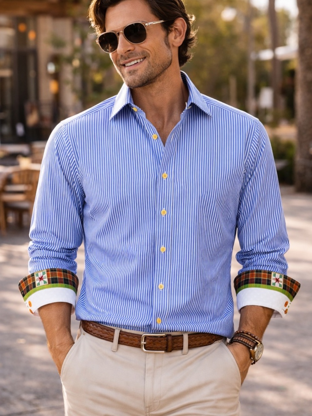 Robert Graham Blue & White Pinstripe Shirt with Plaid Trim
